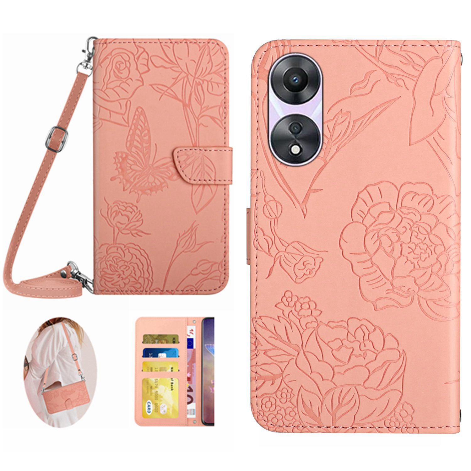 HT03 For Oppo A58 5G (China) A78 5G (Global Version) Butterfly Flowers Imprinted Leather Case Stand Wallet Cover with Shoulder Strap HT03 For Oppo A58 5G (China) A78 5G (Global Version) Butterfly Flowers Imprinted Leather Case Stand Wallet Cover with Shoulder Strap